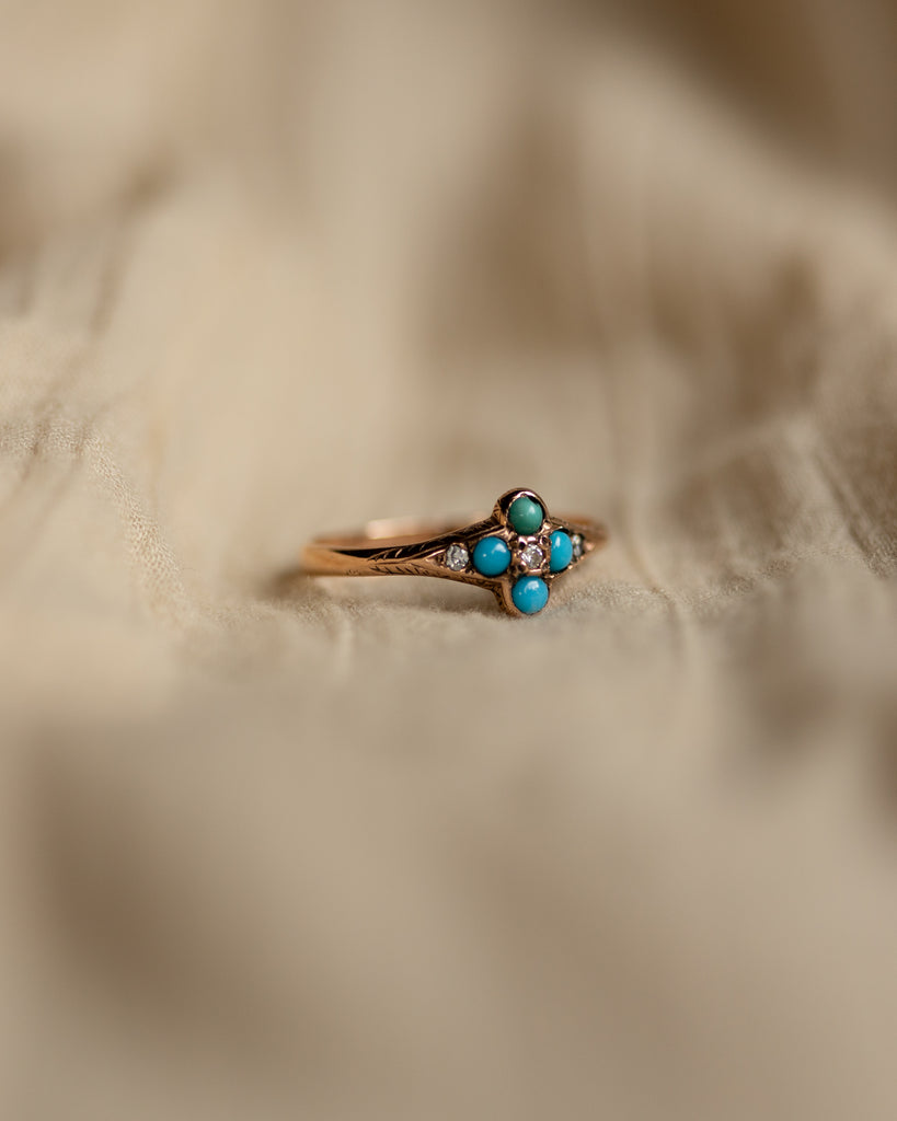 Flora Antique 9ct Gold Turquoise & Paste Cluster Ring