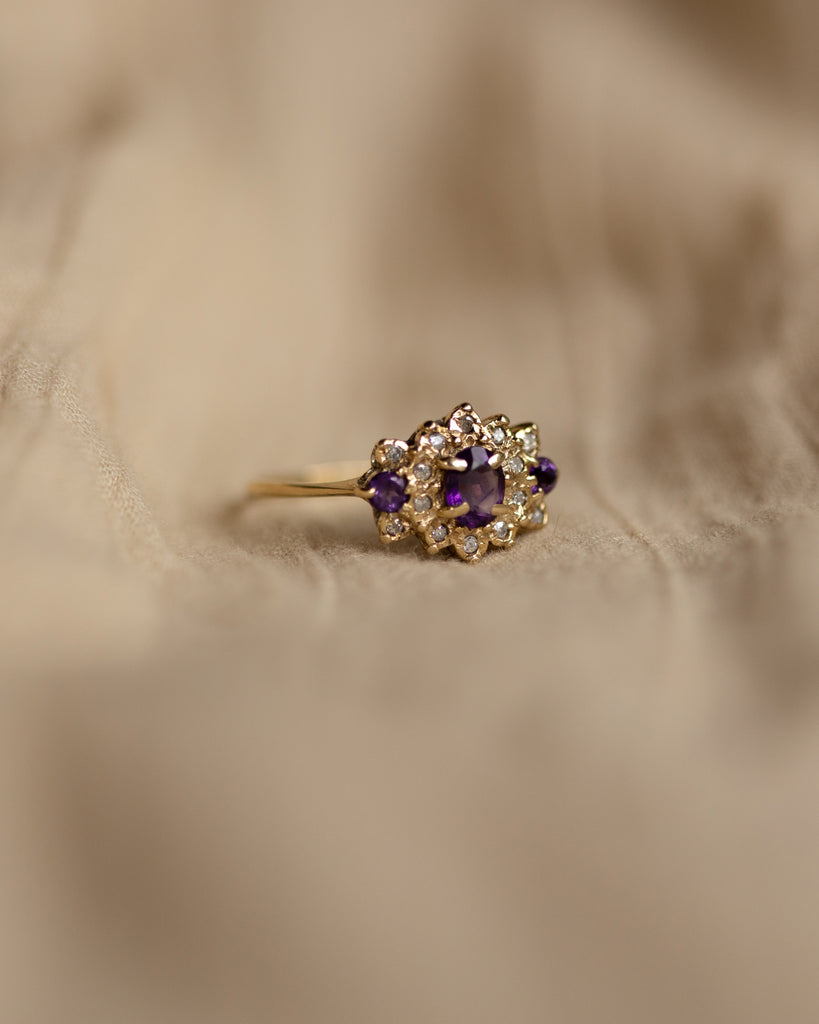 Josie 1991 Vintage 9ct Gold Amethyst & Diamond Cluster Ring
