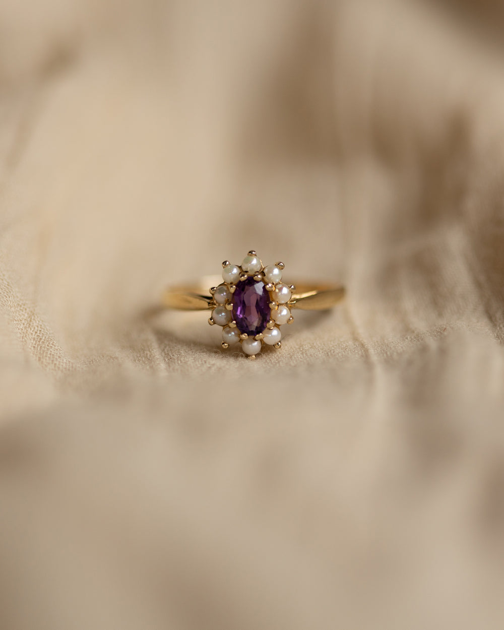 Tabitha 1987 Vintage 9ct Gold Amethyst & Pearl Cluster Ring