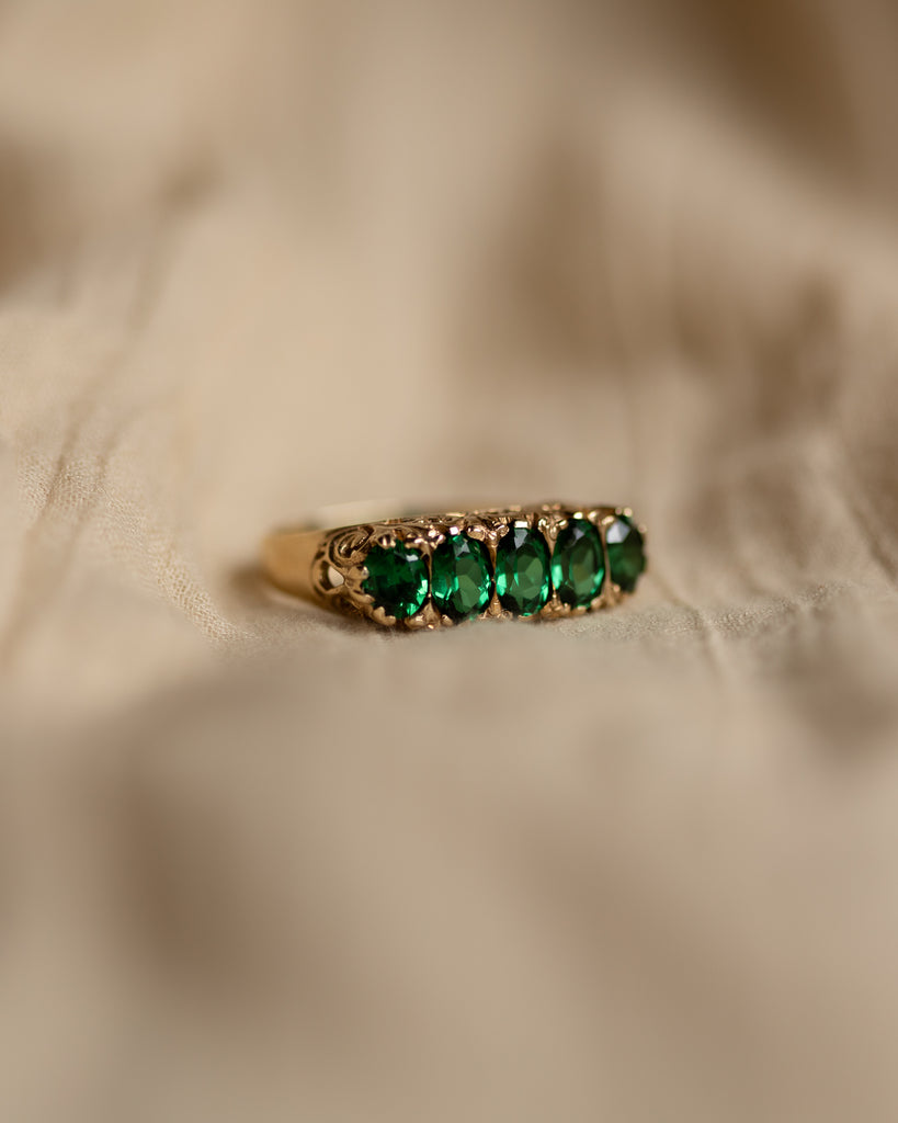 Emelie 1975 Vintage 9ct Gold Five Stone Green Spinel Ring