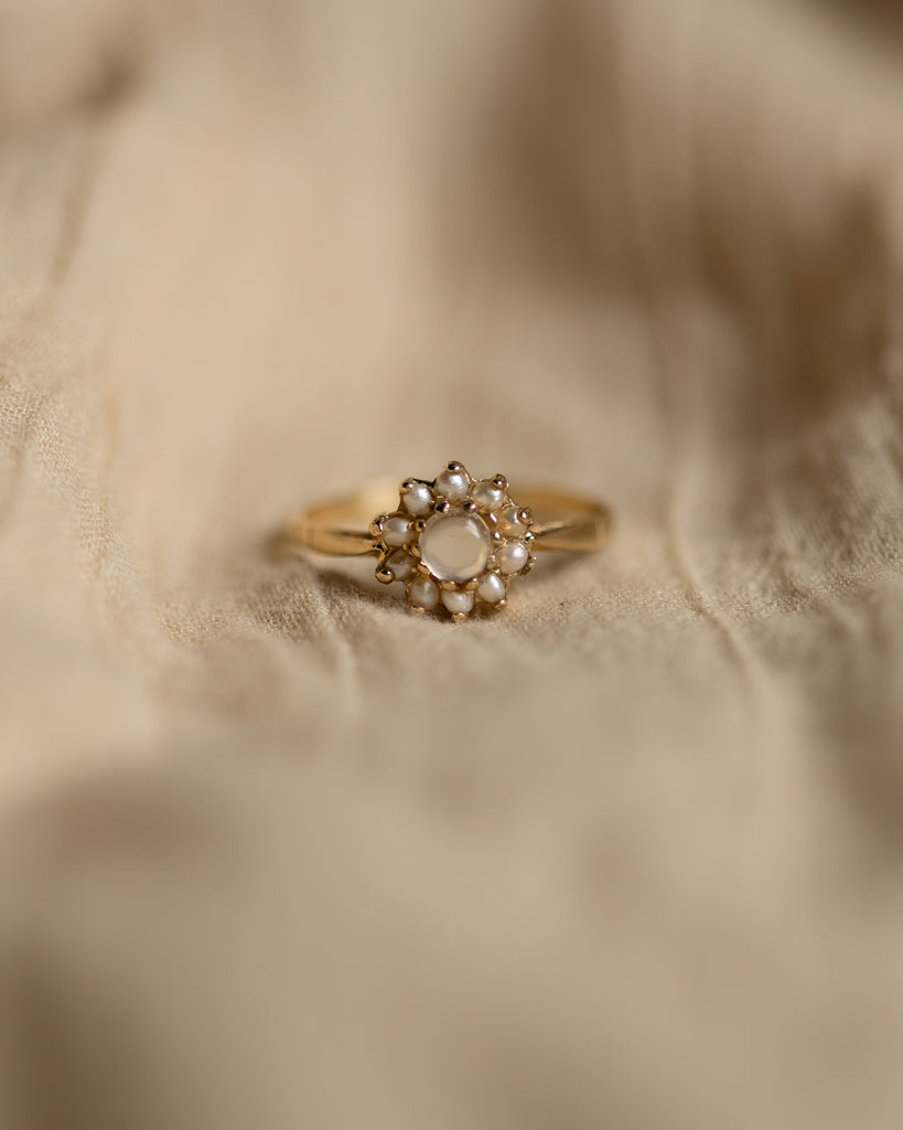 Marta 1991 Vintage 9ct Gold Moonstone & Pearl Cluster Ring