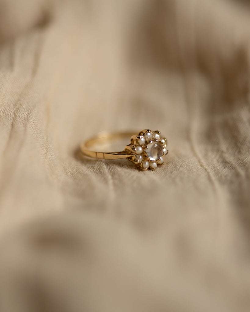 Marta 1991 Vintage 9ct Gold Moonstone & Pearl Cluster Ring