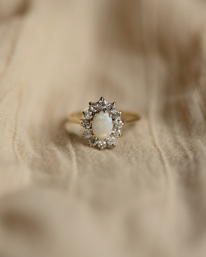 Claudie 1987 Vintage 9ct Gold Opal & Diamond Cluster Ring