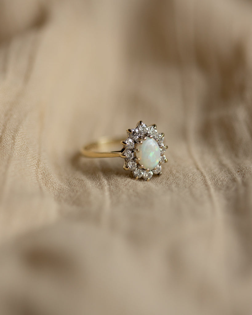 Claudie 1987 Vintage 9ct Gold Opal & Diamond Cluster Ring