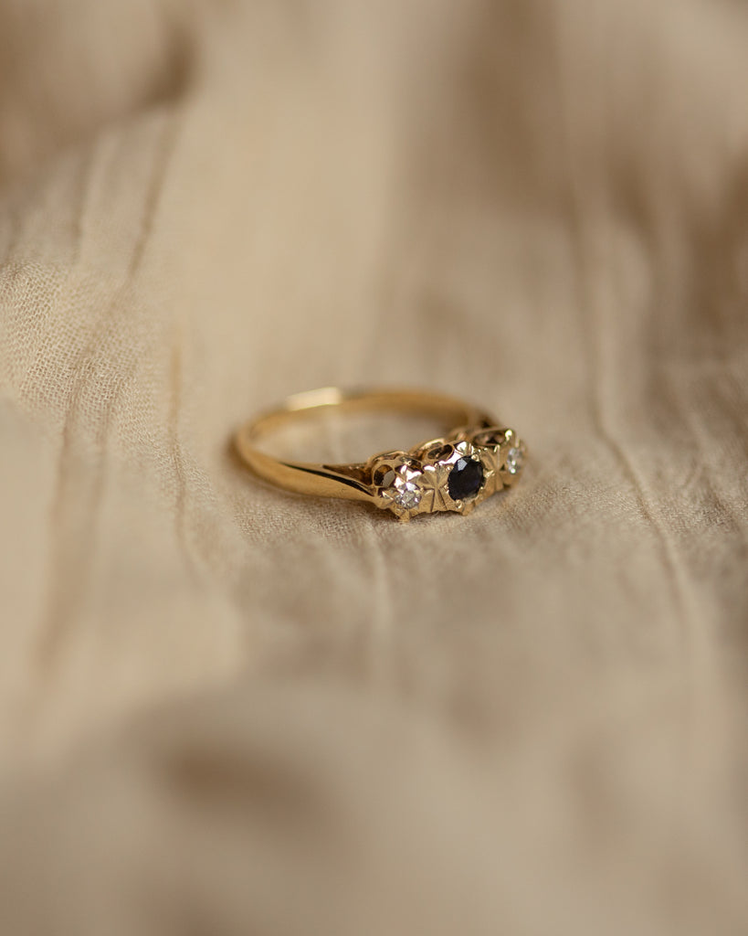 Lilian 1977 Vintage 9ct Gold Sapphire & Diamond Trilogy Ring
