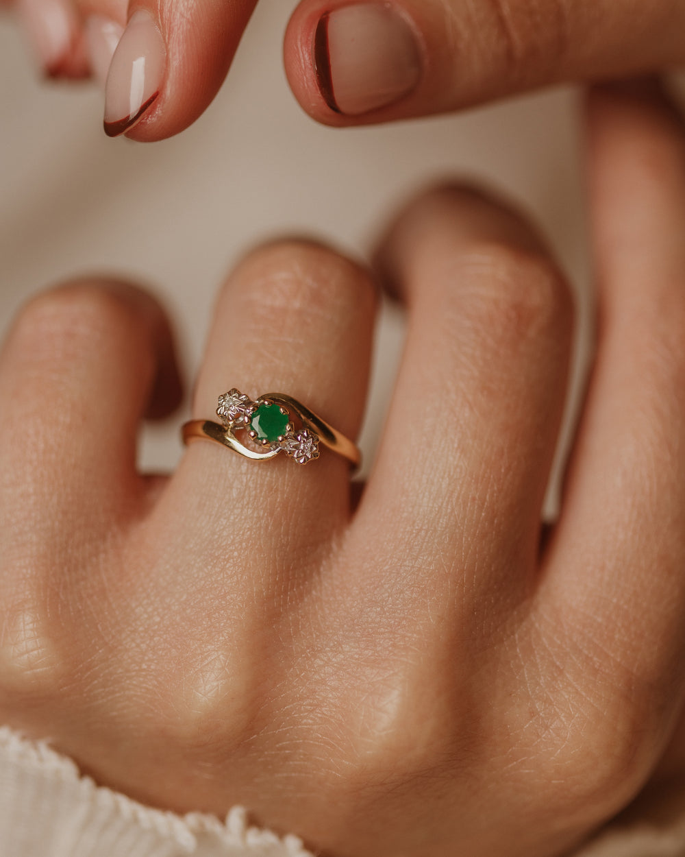 Astrid 1990 Vintage 9ct Gold Emerald & Diamond Trilogy Ring