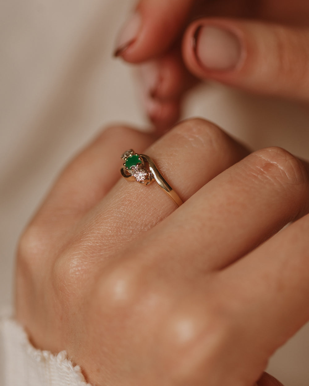 Astrid 1990 Vintage 9ct Gold Emerald & Diamond Trilogy Ring