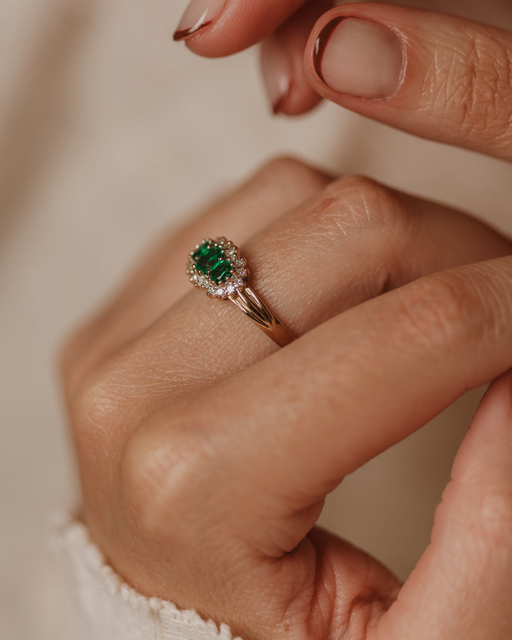 Piper Vintage 9ct Gold Chrysoprase & Diamond Cluster Ring