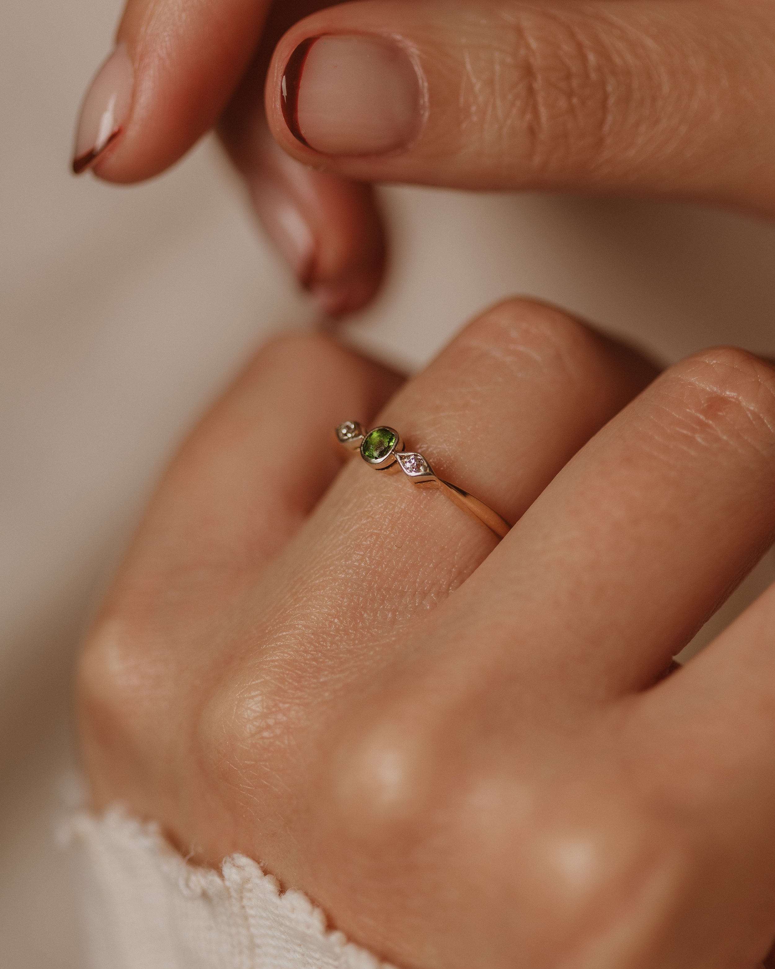 Ottiline Antique 18ct Gold Peridot & Diamond Trilogy Ring