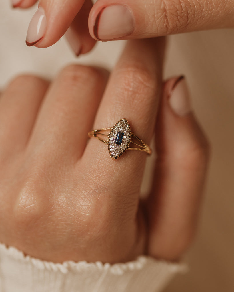 Anais Antique 18ct Gold Sapphire & Diamond Navette Ring
