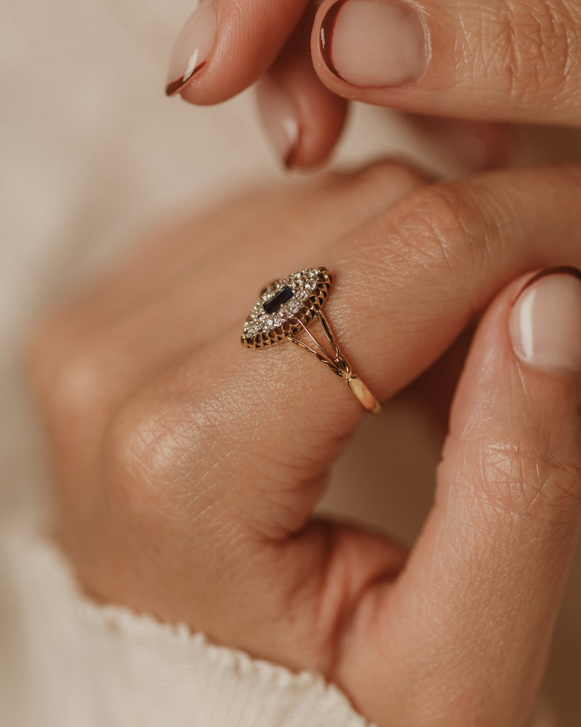 Anais Antique 18ct Gold Sapphire & Diamond Navette Ring