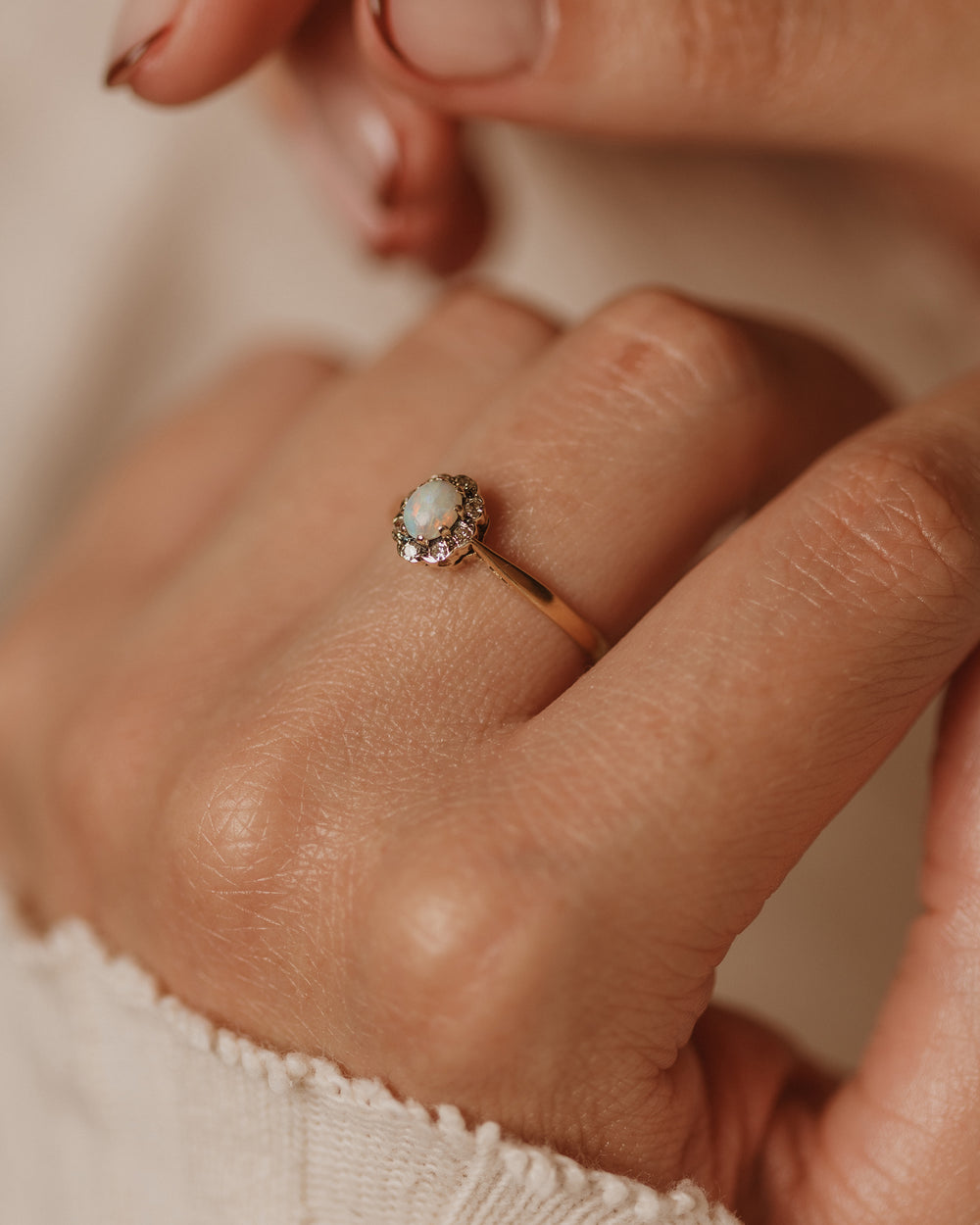 Maude 1983 Vintage 9ct Gold Opal & Diamond Cluster Ring