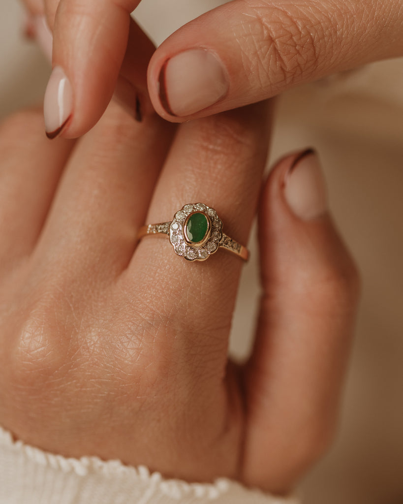 Alma Vintage 9ct Gold Emerald & Diamond Cluster Ring