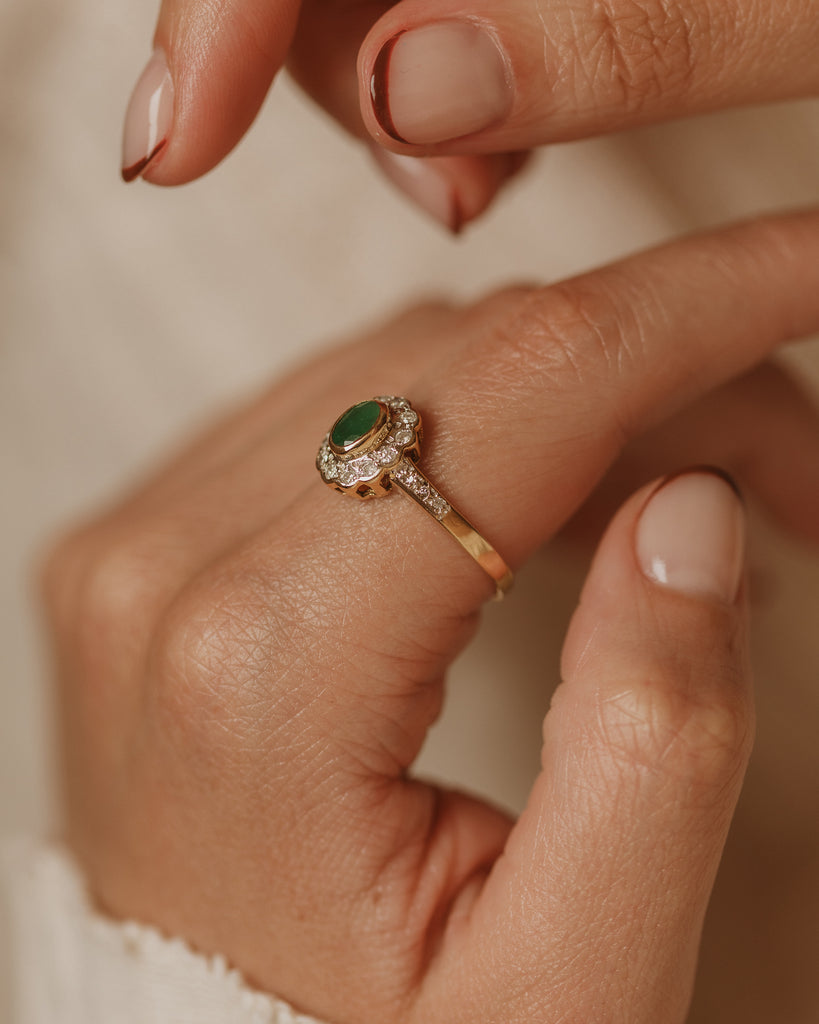 Alma Vintage 9ct Gold Emerald & Diamond Cluster Ring