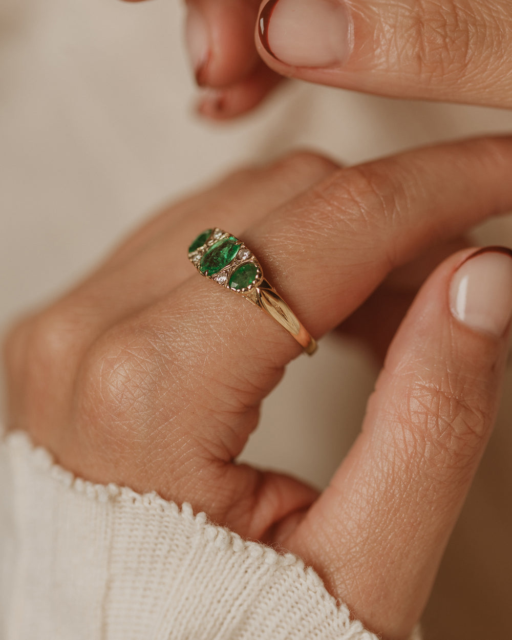 Claramae Antique 15ct Gold Emerald & Diamond Seven Stone Ring