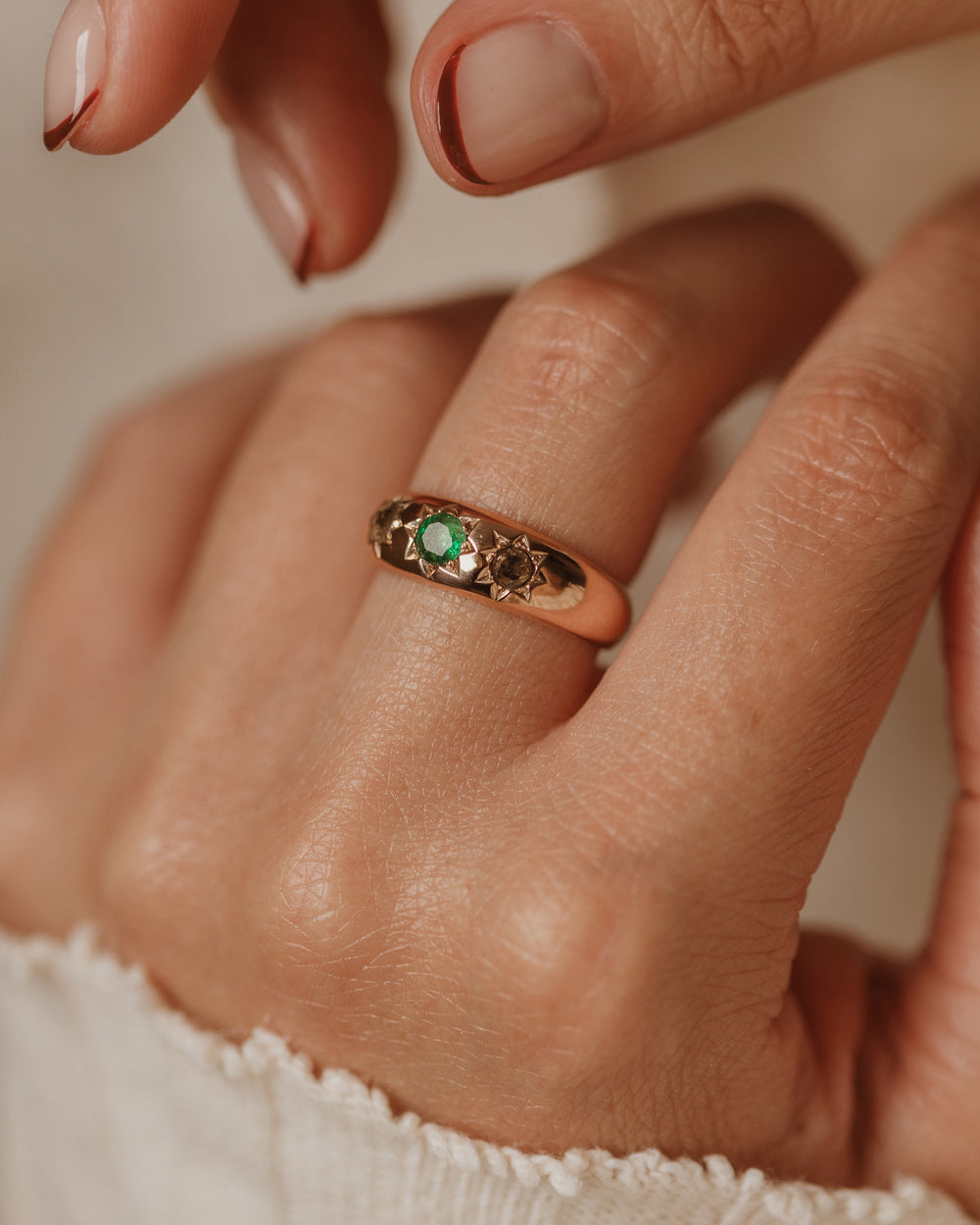 Joni Antique 9ct Gold Star Set Emerald & Diamond Trilogy Ring