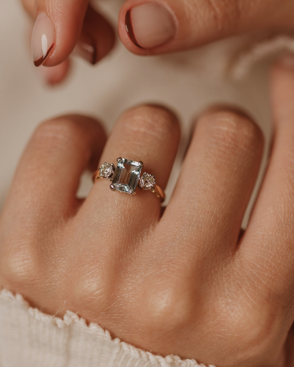 Juniper Vintage 18ct Gold Aquamarine & Diamond Trilogy Ring