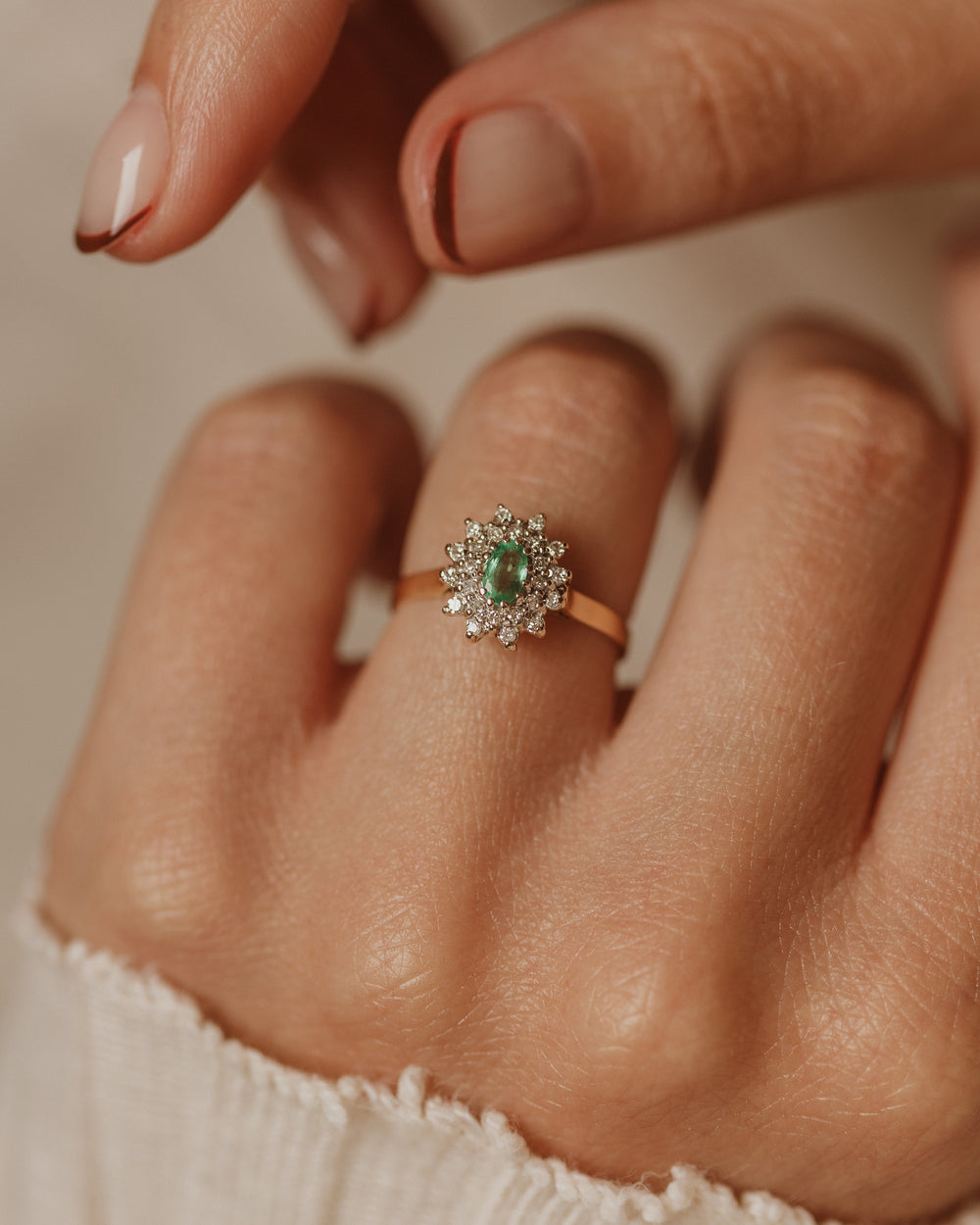 Rowan 1984 Vintage 9ct Gold Emerald & Diamond Cluster Ring