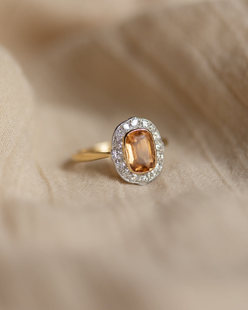 Alexandrine Antique 18ct Gold Topaz & Diamond Cluster Ring