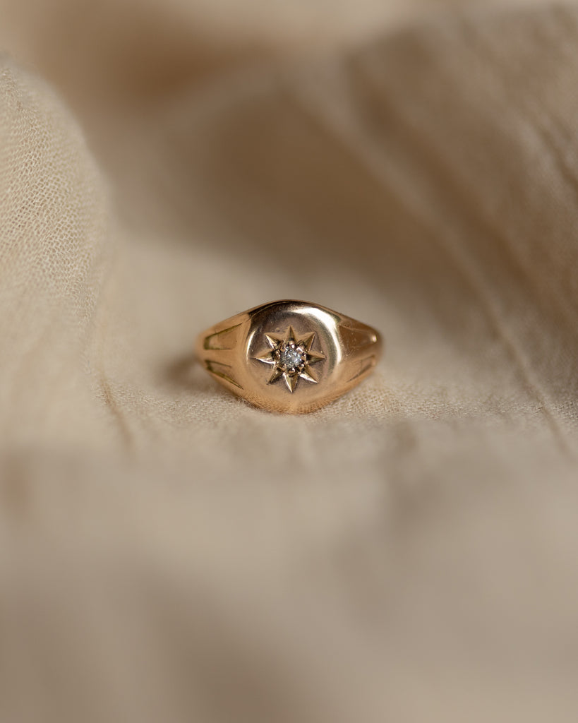 Estelle 1915 Antique 9ct Gold Star Set Diamond Signet Ring