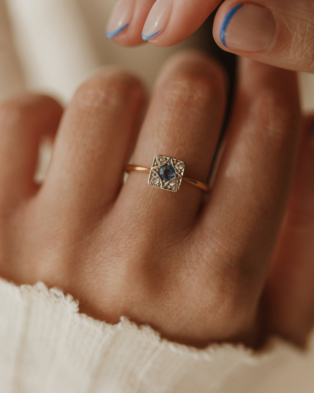 Camille Antique 18ct Gold Sapphire & Diamond Square Cluster Ring