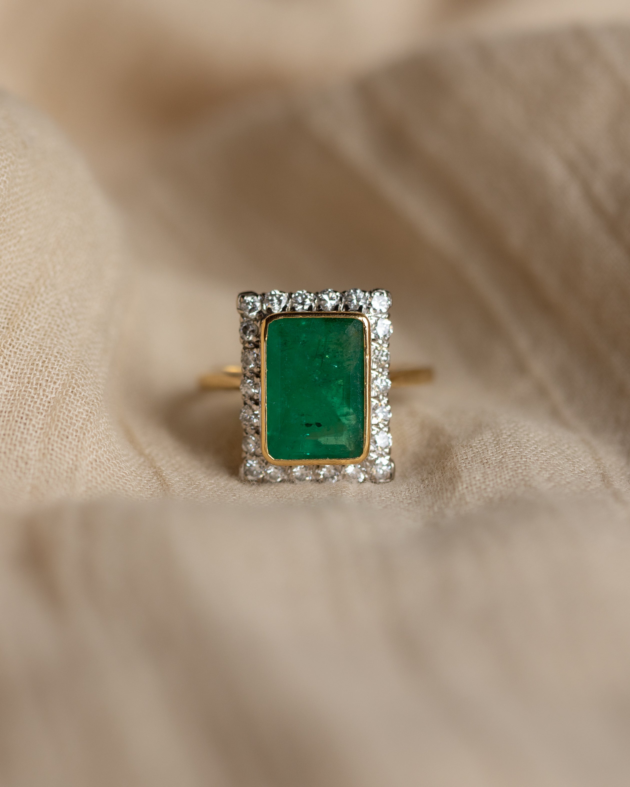 Image of Ottilie Vintage 18ct Gold Emerald & Diamond Rectangular Cluster Ring