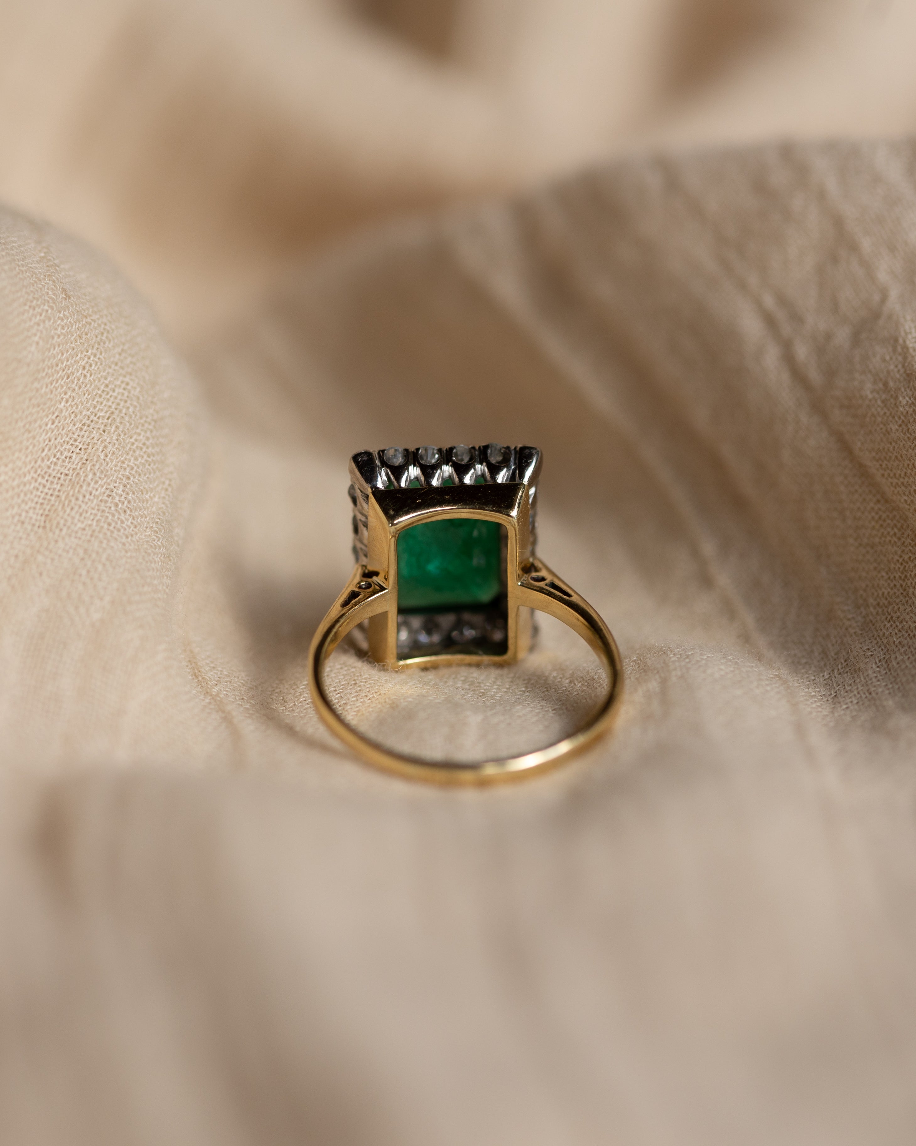 Ottilie Vintage 18ct Gold Emerald & Diamond Rectangular Cluster Ring