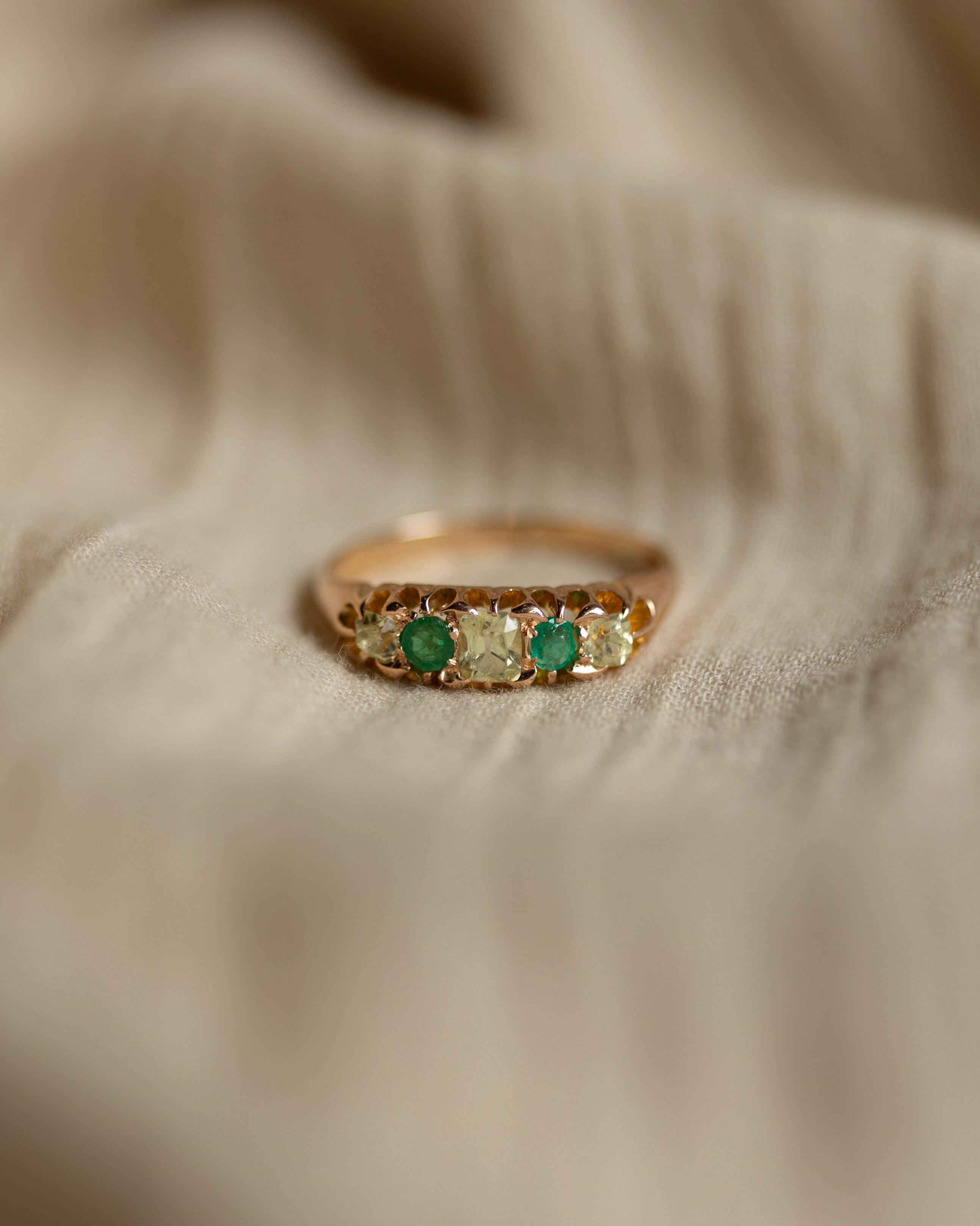 Image of Faustine Antique 15ct Gold Emerald & Green Beryl Five Stone Ring