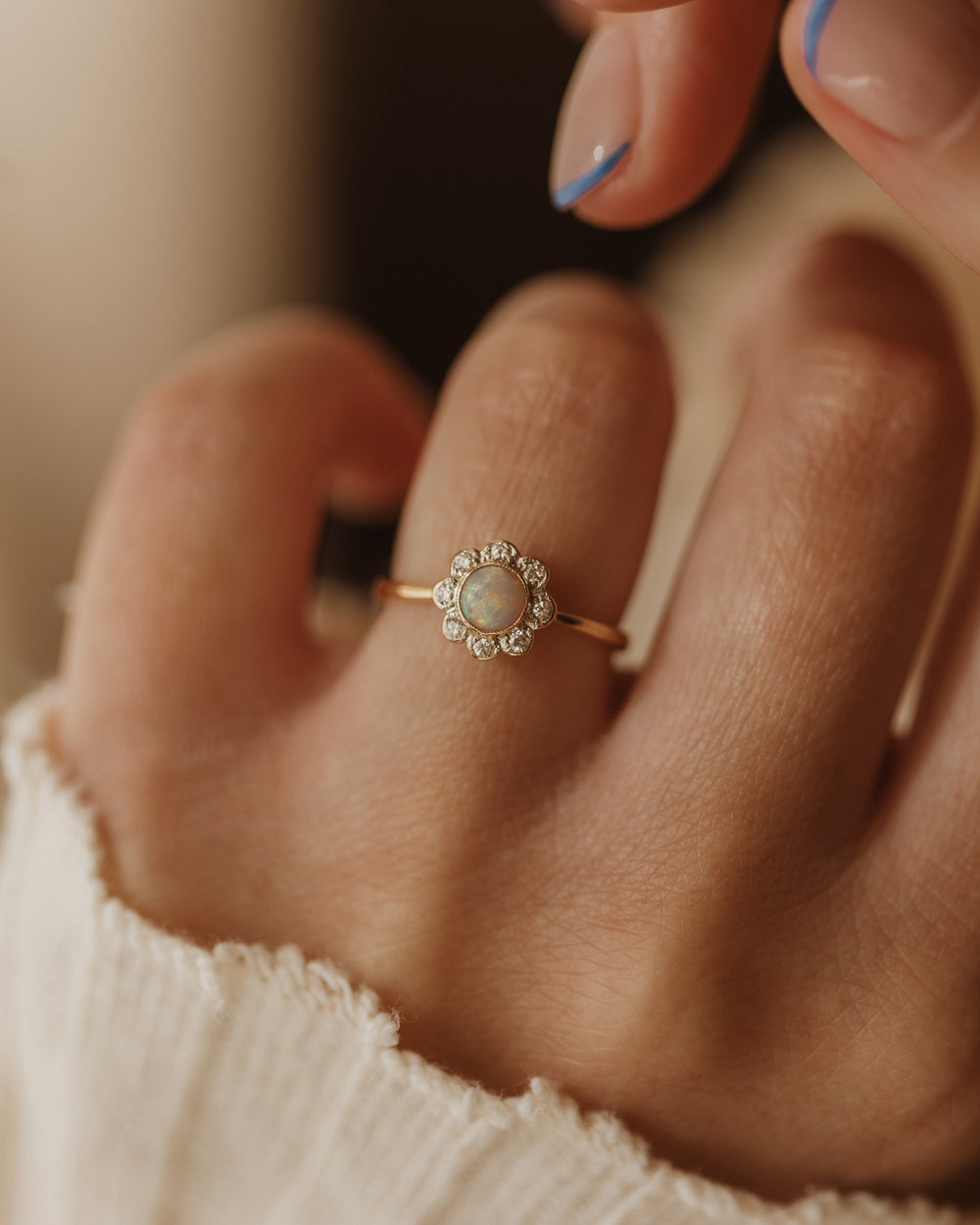 Madeline 1990 Vintage 18ct Gold Opal & Diamond Daisy Cluster Ring