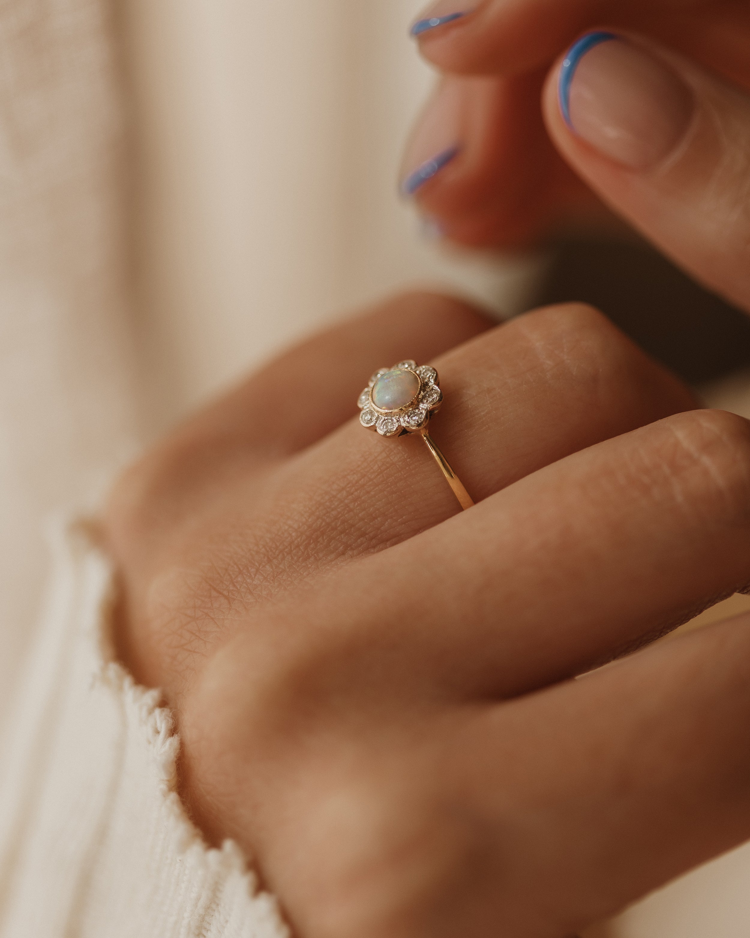 Image of Madeline 1990 Vintage 18ct Gold Opal & Diamond Daisy Cluster Ring