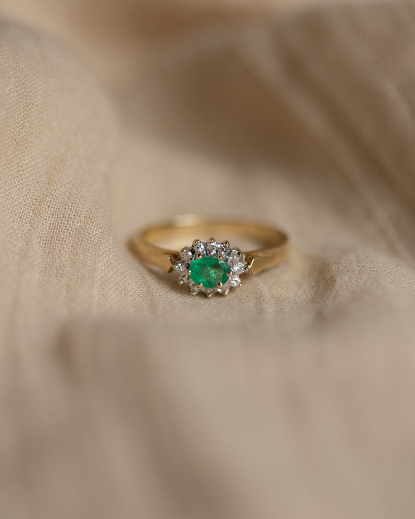 Elisa 1989 Vintage 9ct Gold Emerald & Diamond Cluster Ring