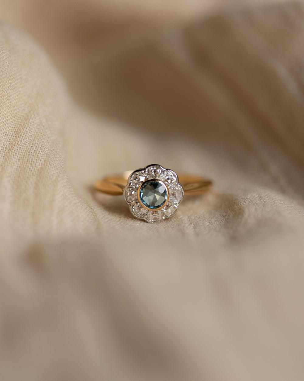 Evelina Antique 18ct Gold Aquamarine & Diamond Cluster Ring