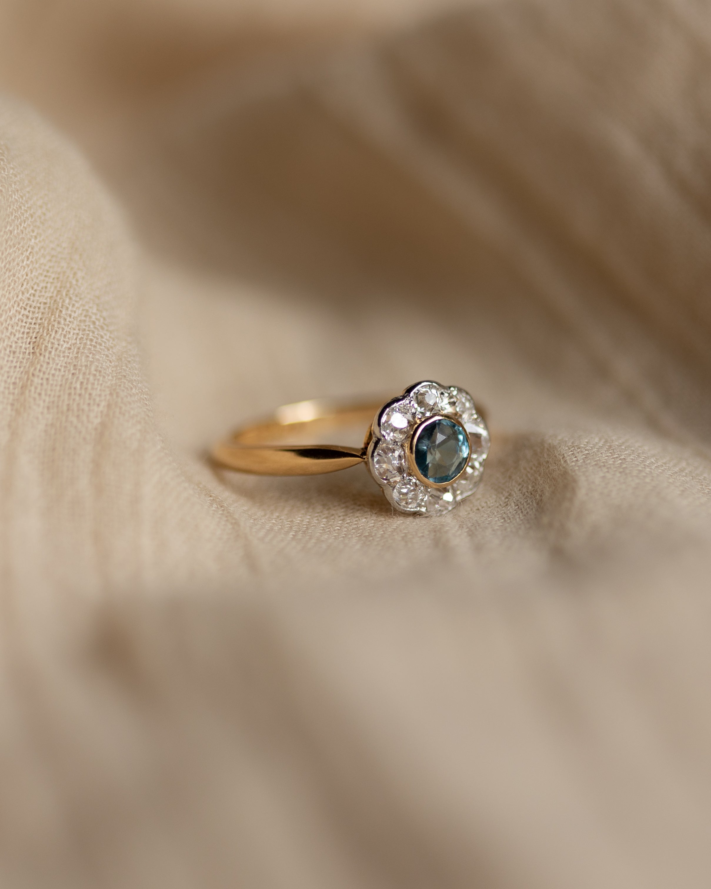 Evelina Antique 18ct Gold Aquamarine & Diamond Cluster Ring