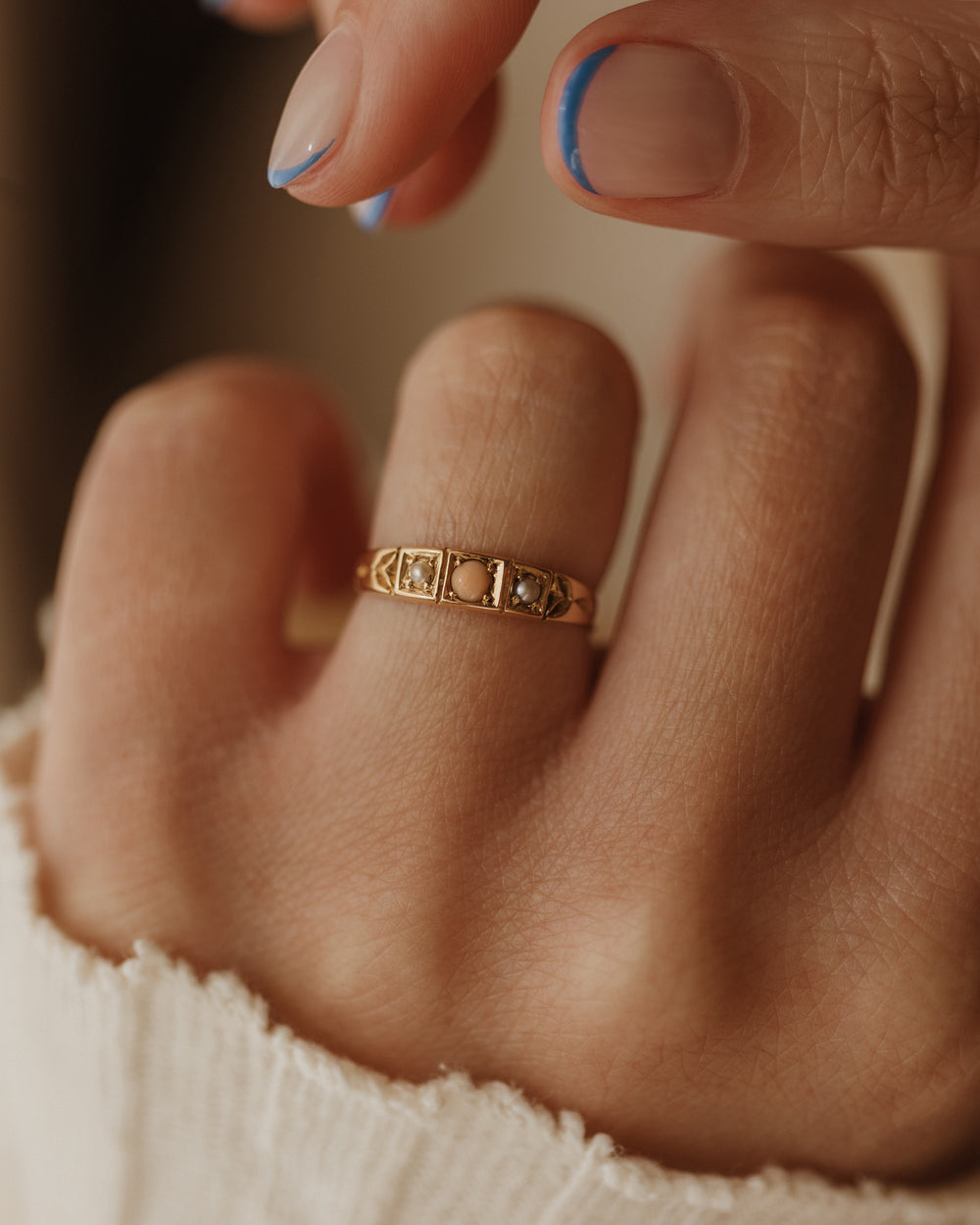 Clothilde 1897 Antique 18ct Gold Coral & Pearl Trilogy Ring