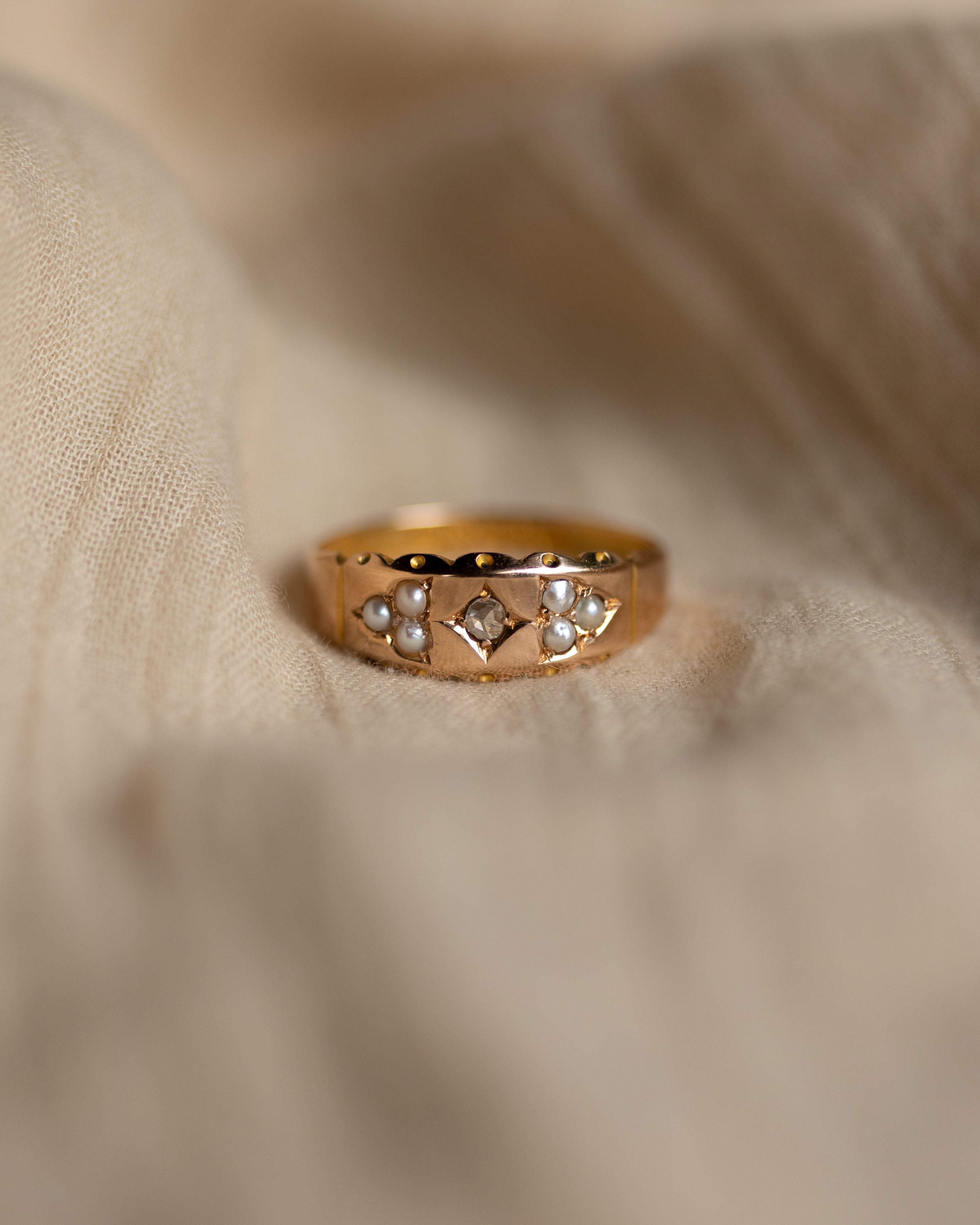 Charline 1894 Antique 15ct Gold Diamond & Pearl Seven Stone Ring