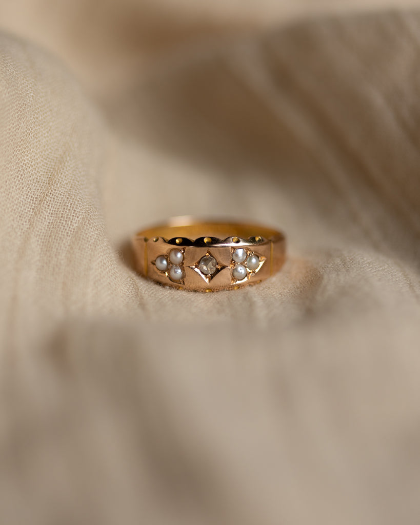 Charline 1894 Antique 15ct Gold Diamond & Pearl Seven Stone Ring