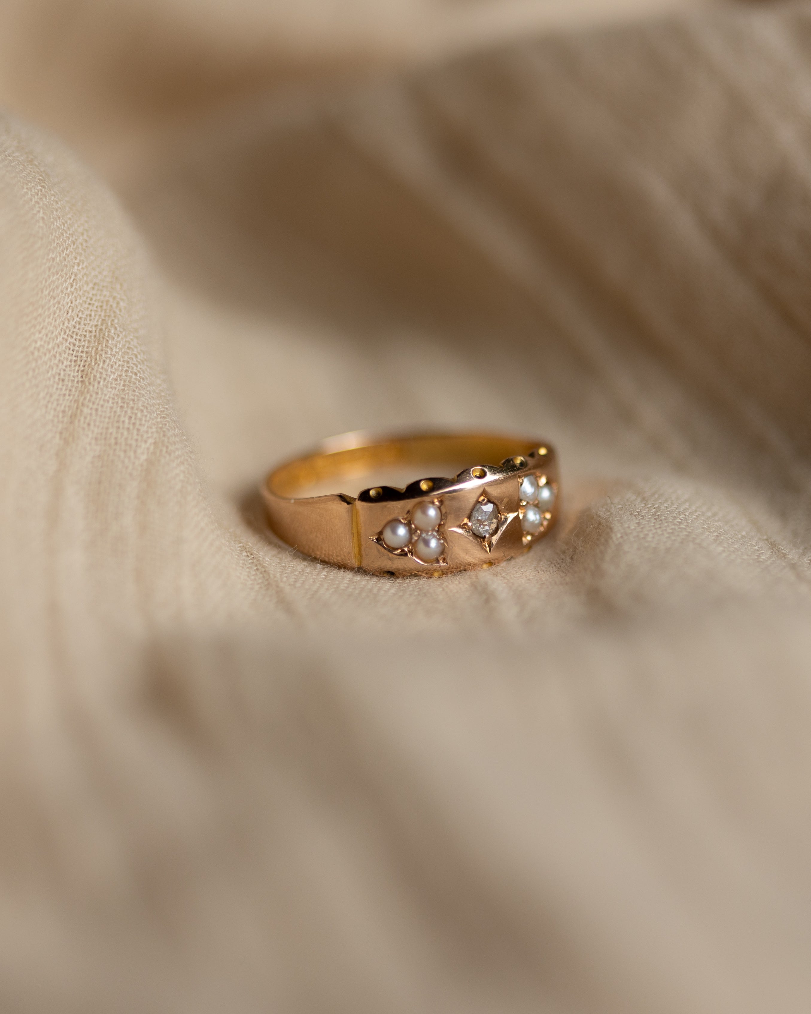 Charline 1894 Antique 15ct Gold Diamond & Pearl Seven Stone Ring