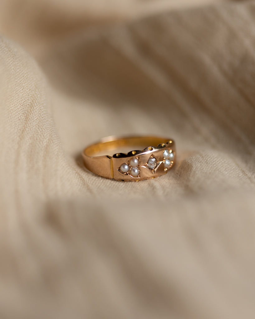 Charline 1894 Antique 15ct Gold Diamond & Pearl Seven Stone Ring