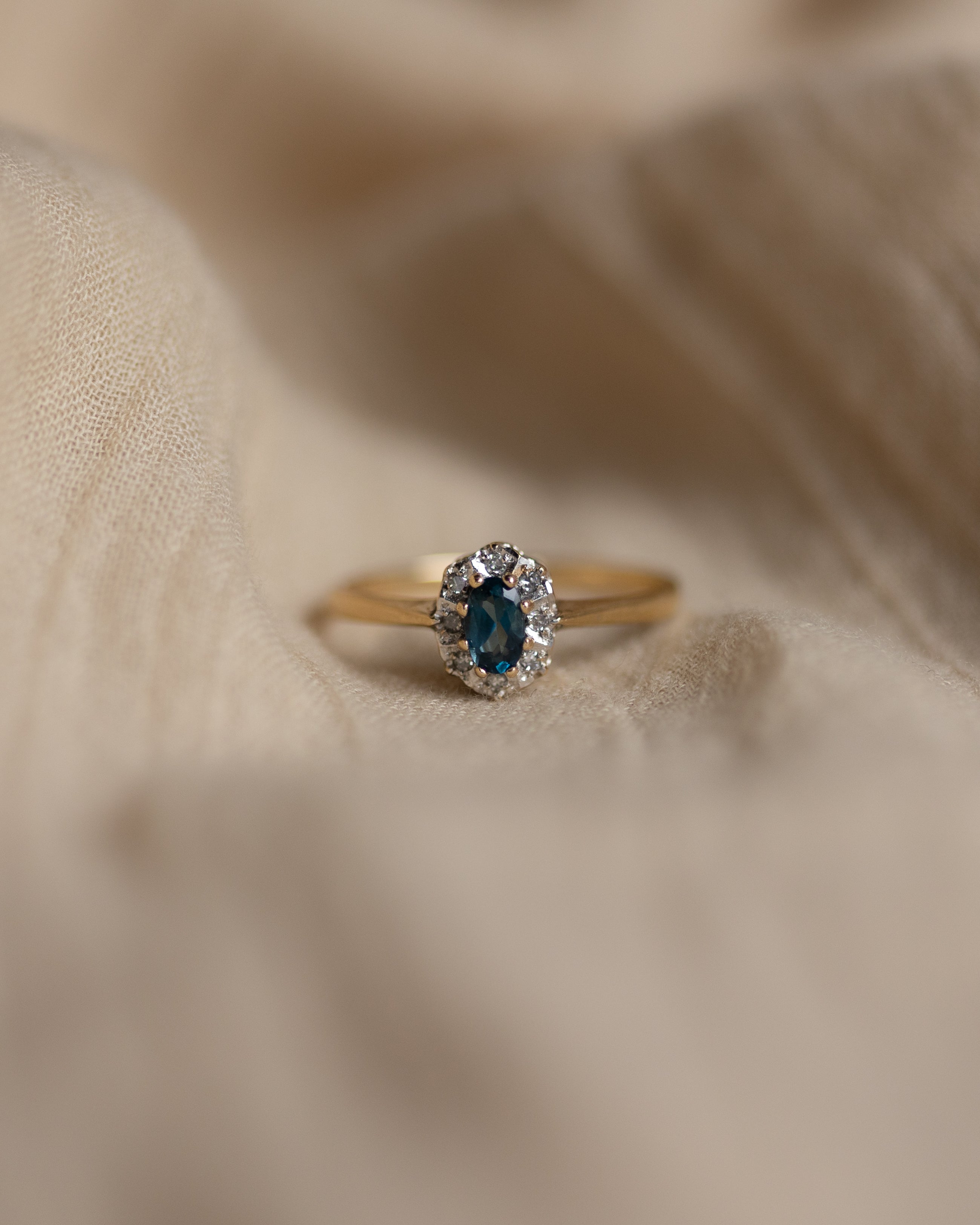 Helene Vintage 9ct Gold Blue Topaz & Diamond Cluster Ring