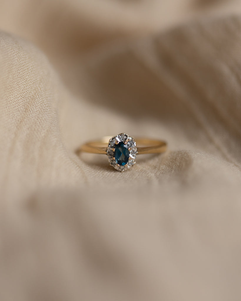 Helene Vintage 9ct Gold Blue Topaz & Diamond Cluster Ring