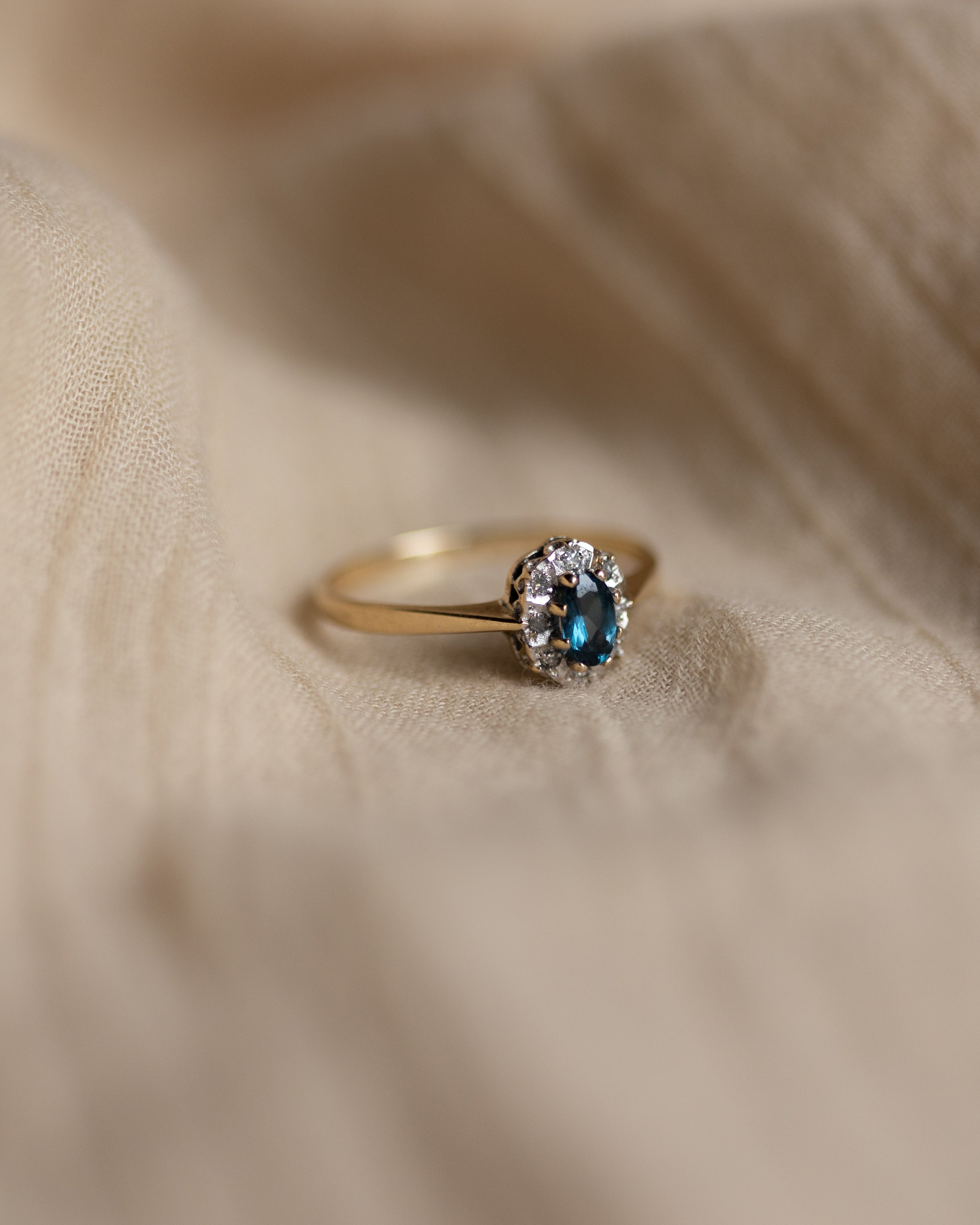 Helene Vintage 9ct Gold Blue Topaz & Diamond Cluster Ring