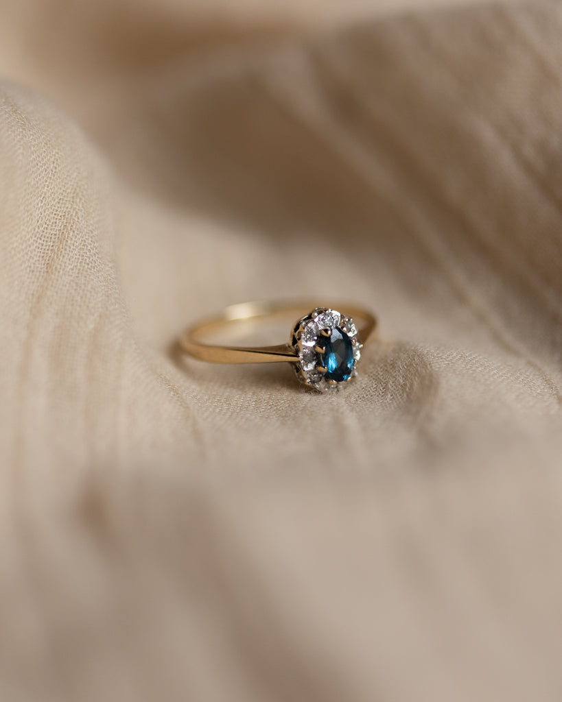 Helene Vintage 9ct Gold Blue Topaz & Diamond Cluster Ring