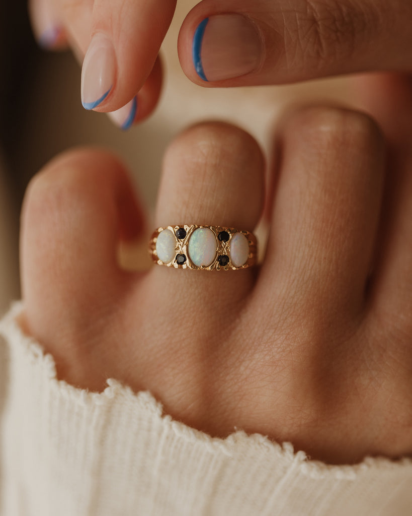 Bertha Vintage 9ct Gold Opal & Sapphire Seven Stone Ring