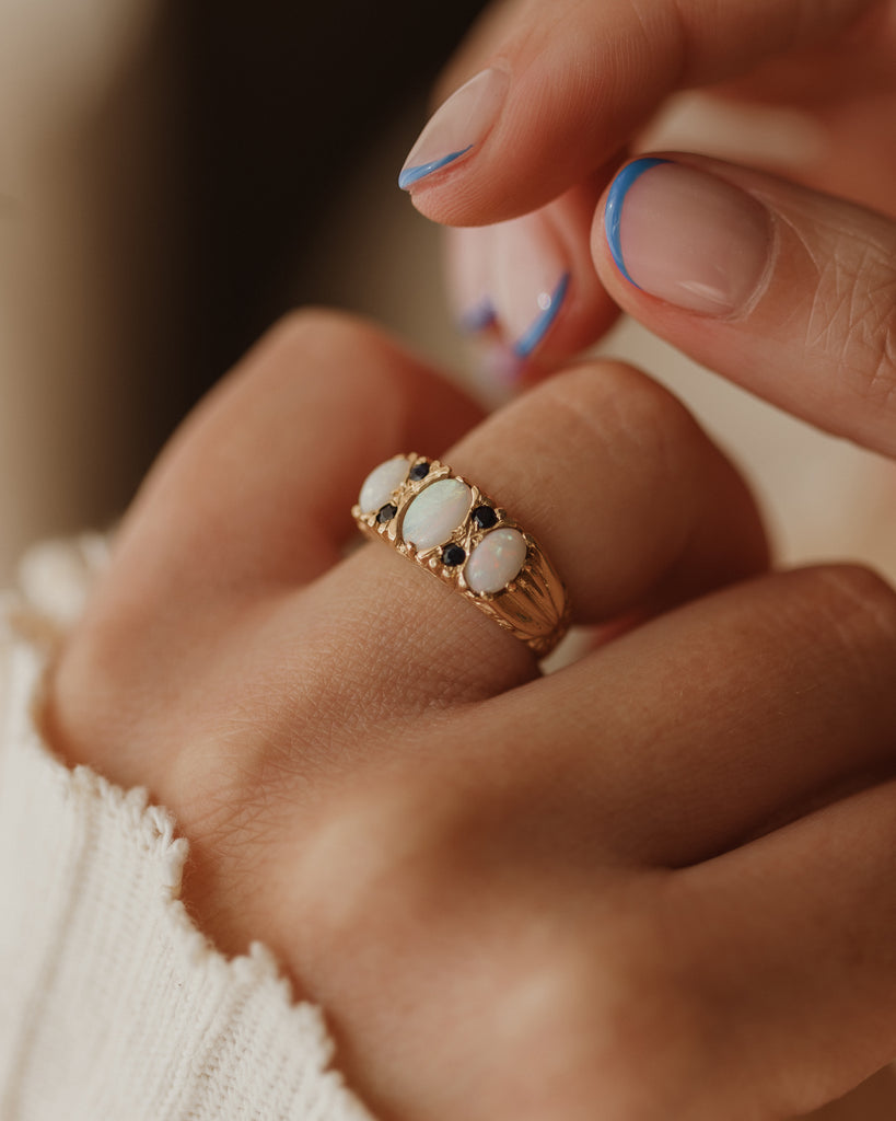 Bertha Vintage 9ct Gold Opal & Sapphire Seven Stone Ring