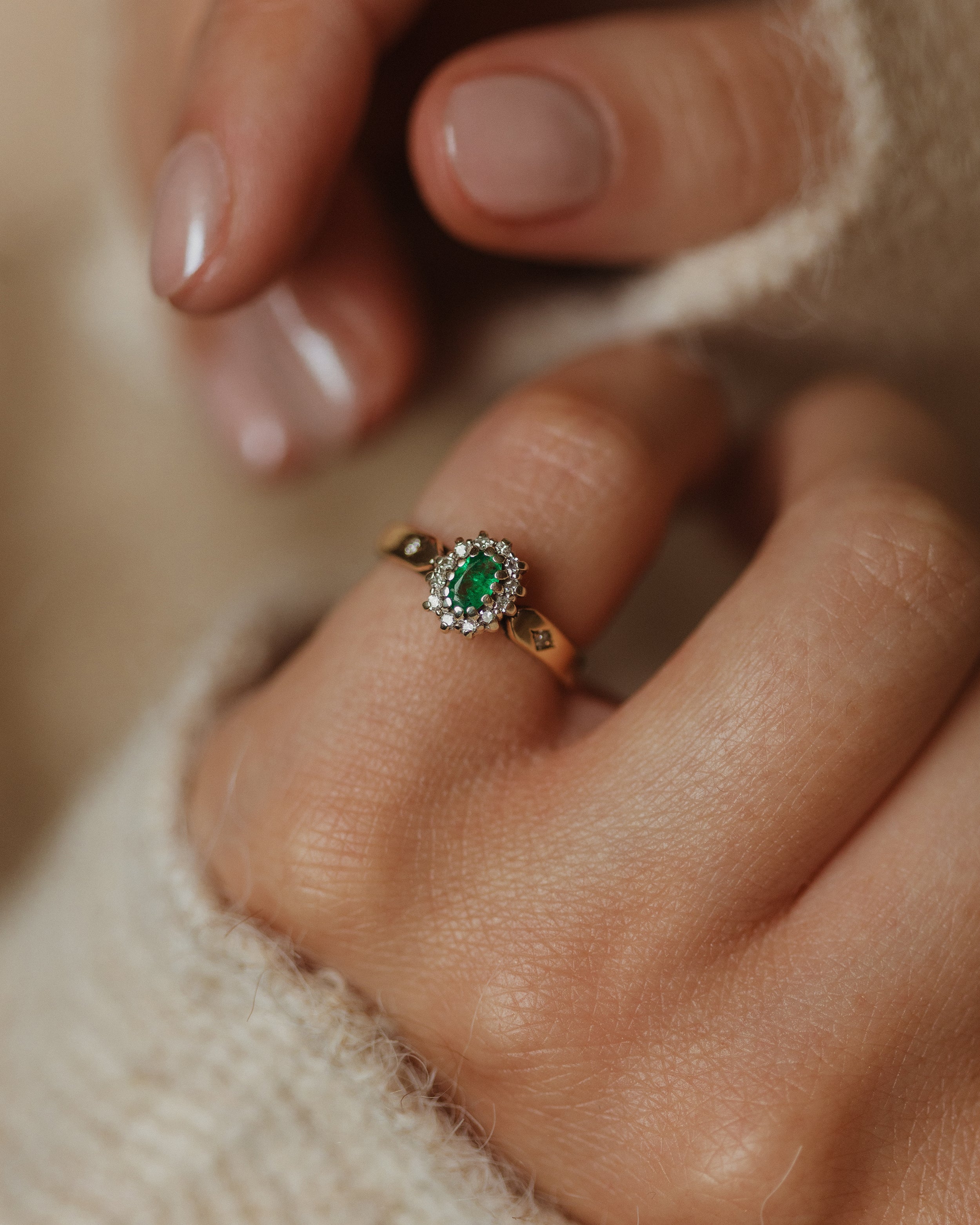Image of Iris Vintage 9ct Gold Emerald & Diamond Cluster Ring