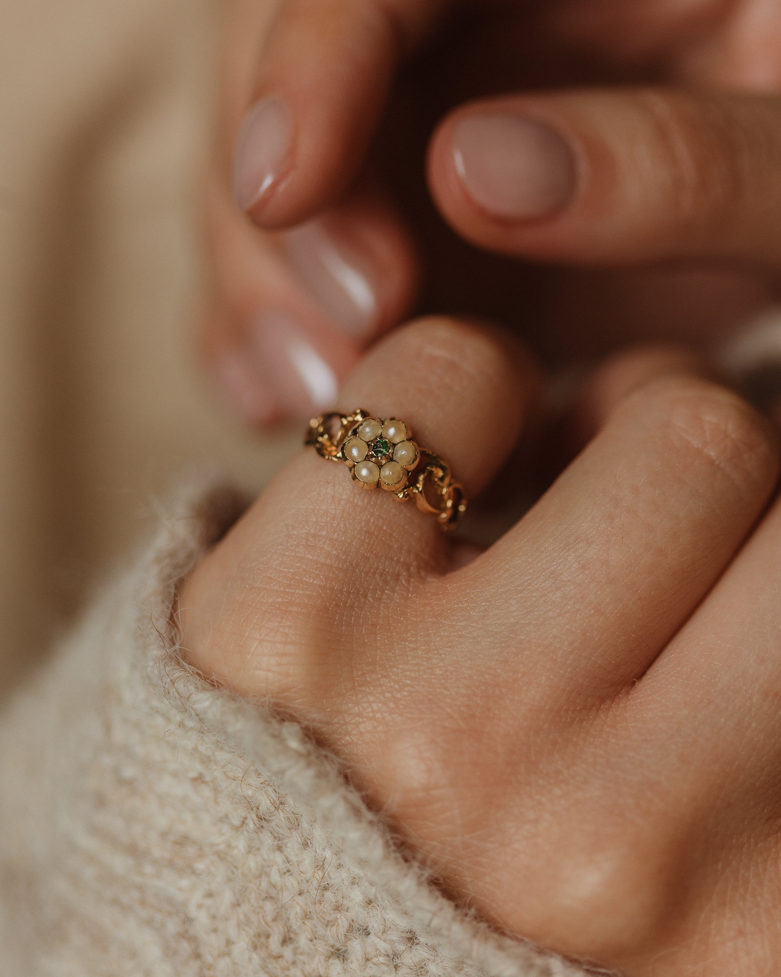 Image of Cordie Antique Georgian 18ct Gold Emerald & Pearl Cluster Ring