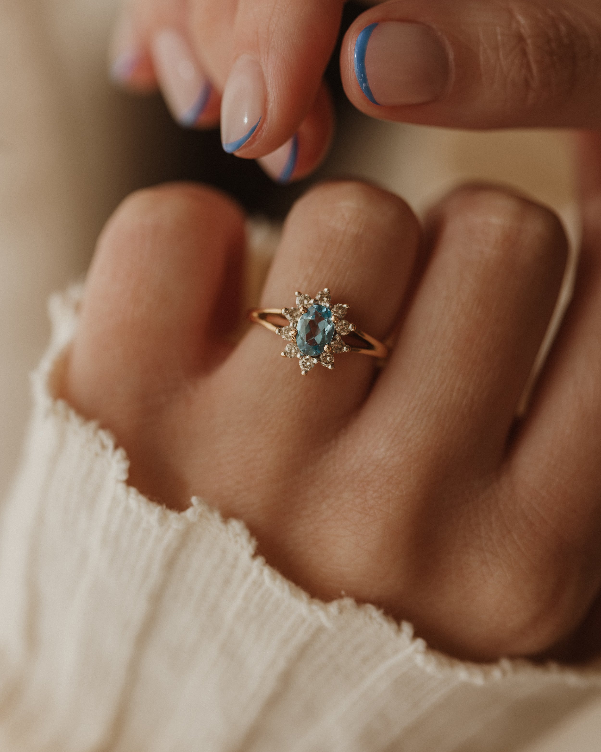 Image of Portia 1991 Vintage 9ct Gold Blue Topaz & Diamond Cluster Ring