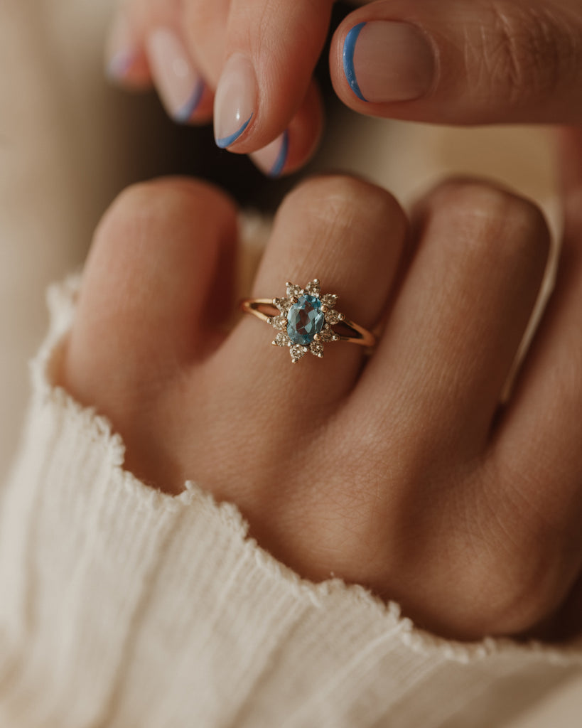 Portia 1991 Vintage 9ct Gold Blue Topaz & Diamond Cluster Ring