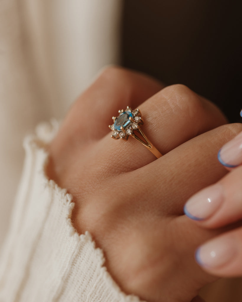 Portia 1991 Vintage 9ct Gold Blue Topaz & Diamond Cluster Ring