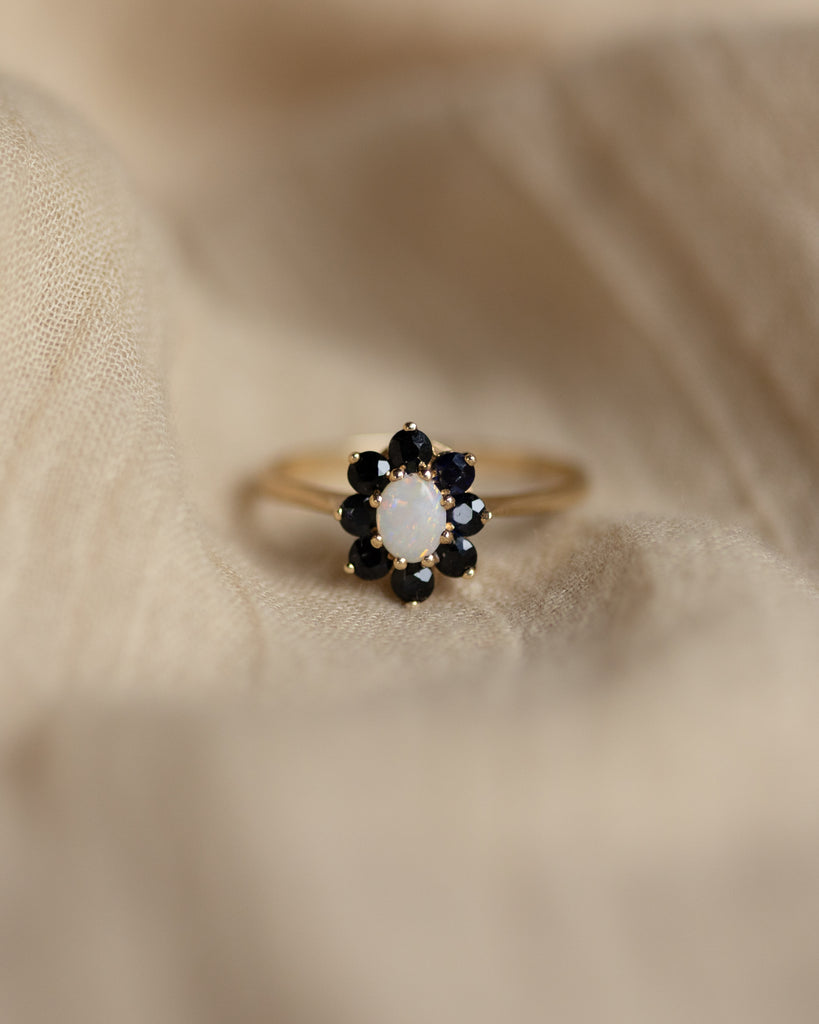 Claudine 1983 Vintage 9ct Gold Opal & Sapphire Cluster Ring